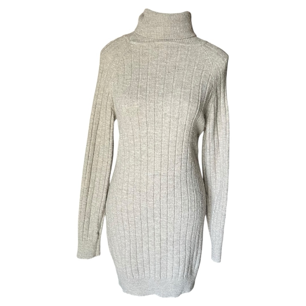 MOTF Women's‎ M Oatmeal Gray Ribbed Knit Dress Turtleneck Bodycon Stretch Casual